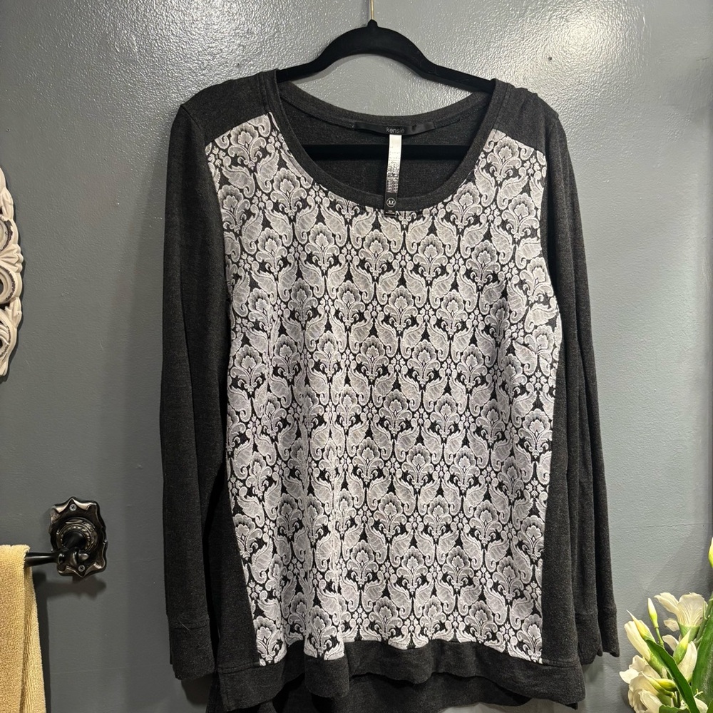Kensie Charcoal Grey Lace Patterned Long Sleeve Sweatshirt Casual Streetwear